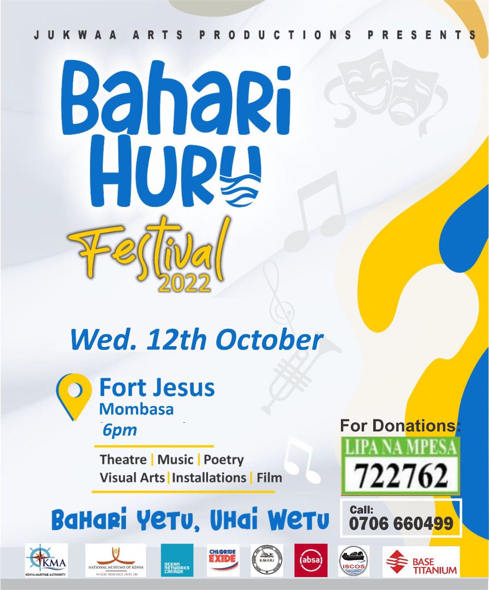 Today,the Bahari Huru Festival goes to Fort Jesus Mombasa.
Time:6pm.
Join us for an evening of theatre, music& visual arts,all aimed at giving the ocean a voice.
@ISCOSecretariat @kmakenya @chlorideexide @BaseTitanium @KmfriResearch
#BlueEconomy #ArtMeetsScience #MarinePollution