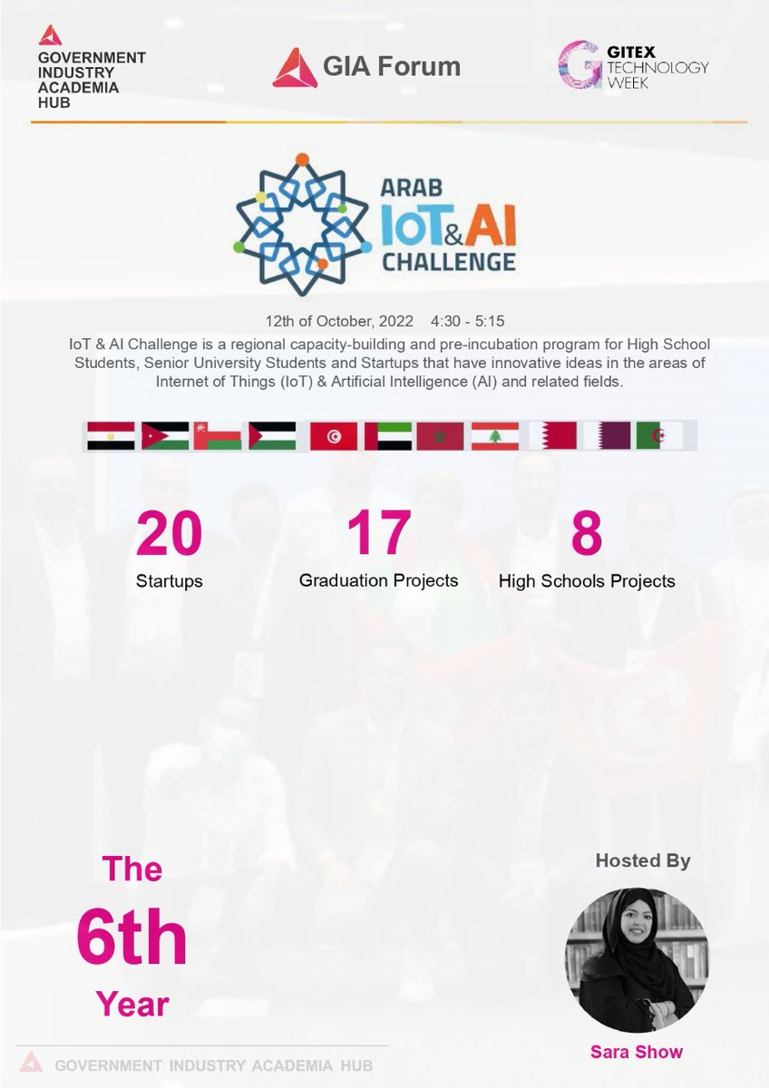 arefhu's tweet photo. @11am will participate in a panel about Governments , Industry &amp;. Academia Integrations and cooperations. 
@4:30 Announcing the winners in the Arab Ai&amp;IoT challenge. 13 countries , 20 start up! 
fingers crossed 🤞
@GITEX_GLOBAL 
@AlNayzak https://t.co/iSF1NQHszr