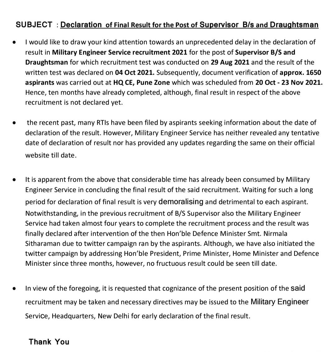 im_navaratan's tweet photo. Hon'ble @rajnathsingh @PMOIndia
@DefenceMinIndia @narendramodi
@DoPTGoI
I request to you please intervene in Military Engineer Services Supervisor B/S and D'Man recruitment 2021 for early declaration of final result. We are still waiting from 11 months. #mission_mode
@ravishndtv https://t.co/LxaF6CCYd3