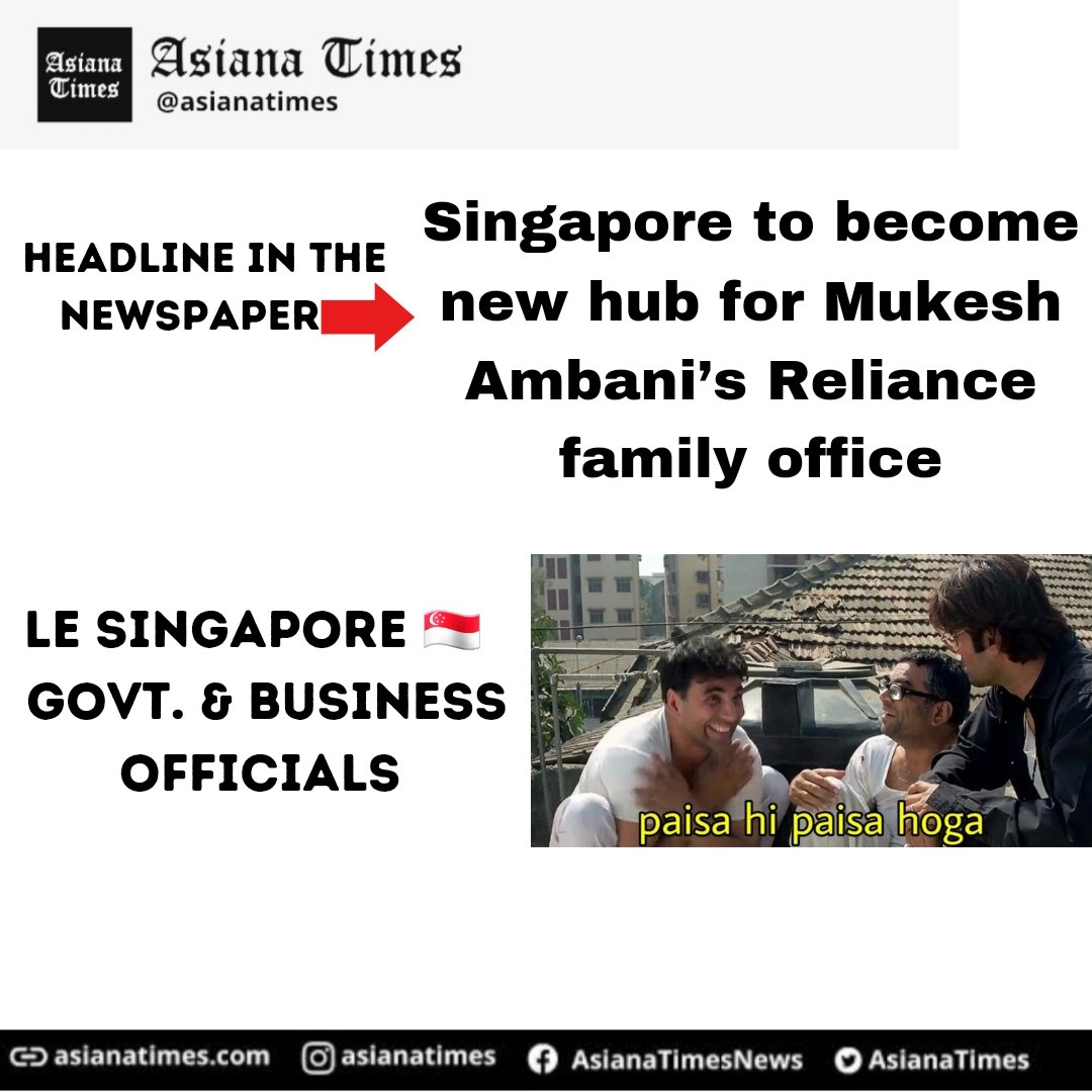 AsianaTimes's tweet photo. Mukesh Ambani is setting up a family office in Singapore.
Read about this article:https://t.co/8XhVRJf3xi
#Singapore #newhub #Reliancefamilyoffice https://t.co/j2sGVgYcXY