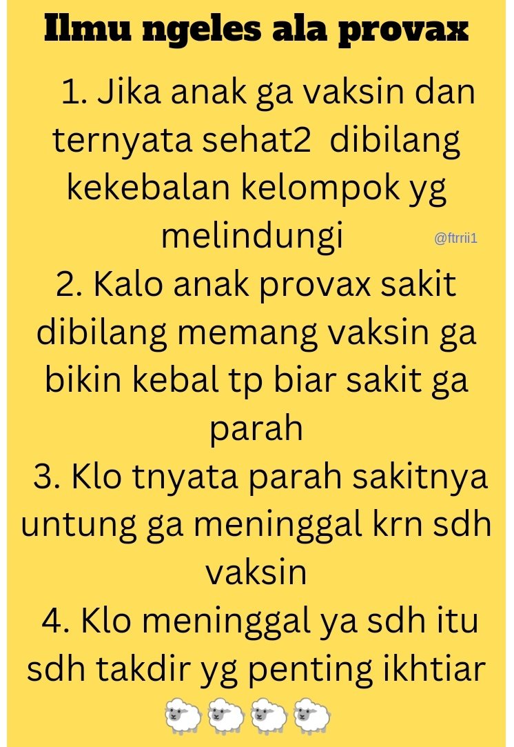 Kenapa sih kalian susah banget mengakui bahwa anak2 yg ga divaksin mulai bayi itu sehat2 ? Adaaa aja ilmu ngelesnya 😃
Org pinter itu belajar gmn kok bs anak antivax sehat2. Bukan malah ngeles cari pembenaran. 
Gusti Allah itu sdh sempurna menciptakan tubuh manusia