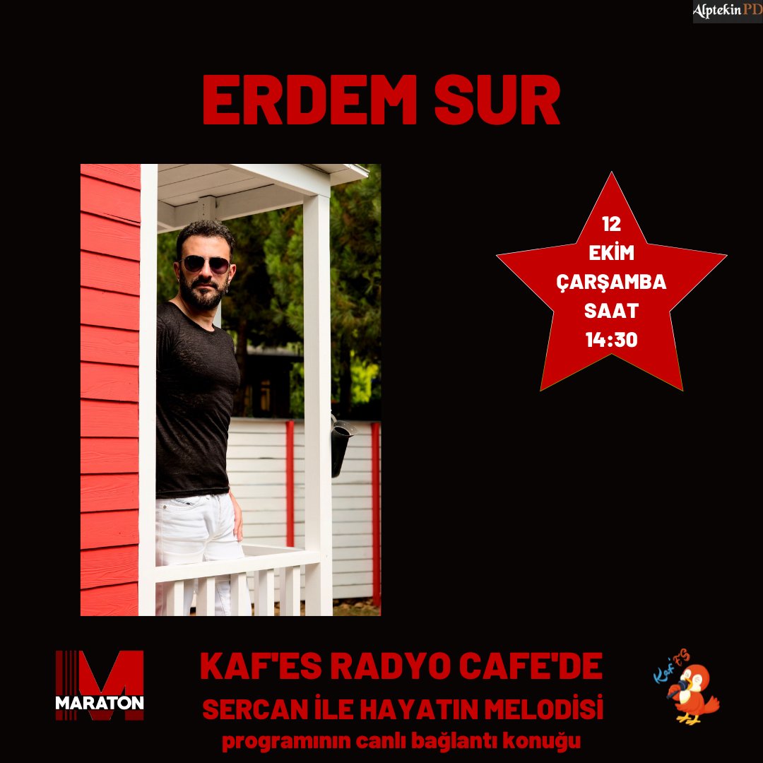 Erdem Sur 12 Ekim Çarşamba Günü Saat 14:30'da Maraton Fm Kaf'es Radyo Cafe'de Sercan İle Hayatın Melodisi Programının Canlı Bağlantı Konuğu Olacak Sakın Kaçırmayın... <a href="/erdemsurresmi/">erdemsur</a> <a href="/cenkleyoklama/">Cenk ALPTEKİN</a> #maratonradyo #sercantasofficial <a href="/YouTubeTolkShow/">Sercan Taş</a> #kafes104.5 #sercntas