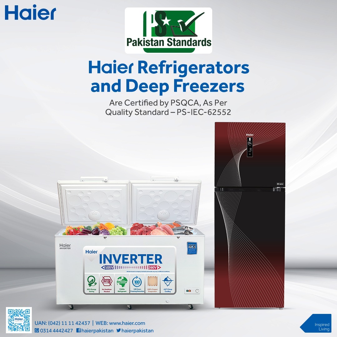 HaierPakistan's tweet image. Haier is the No. 1 market-leading home appliance brand whose Refrigerators &amp;amp; Deep Freezers are certified by PSQCA as per quality standard-PS-IEC-62552. 

Your health is in good hands with Haier&apos;s Pakistan Standard approved appliances

#Haier #HaierRefrigerators #HaierDeepFreezer