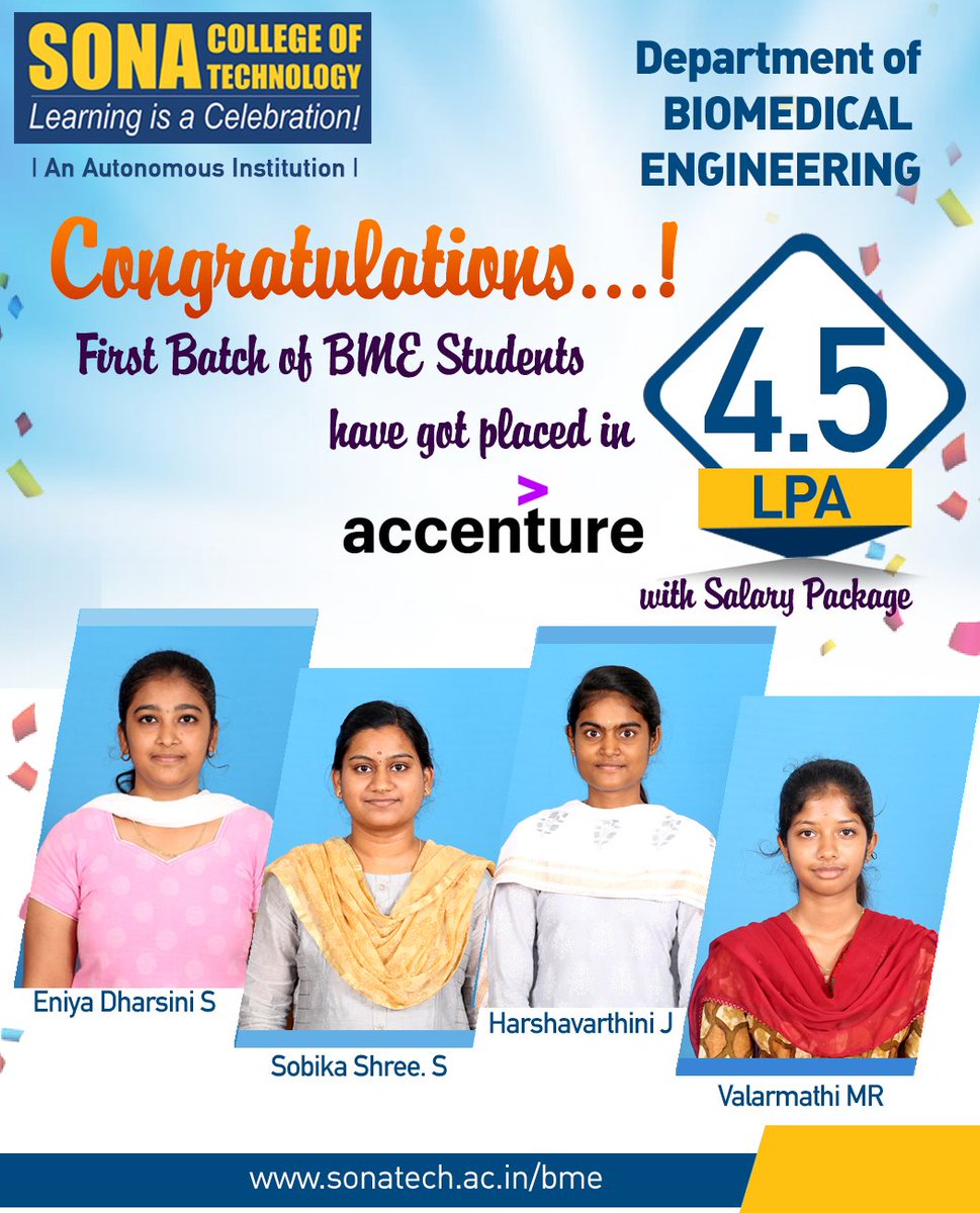 sonacollege's tweet photo. Sonaโs #BMEstudents placed in #Accenture!
Students of #BiomedicalEngineering (BME): Eniya Dharshini S, Sobika Shree S, Harshavarthini J, and Valarmathi MR, got a #placementoffer from @Accenture with an annual salary package of 4.5 lakhs.
Our hearty wishes to the students! https://t.co/yUTr3bUQQ8