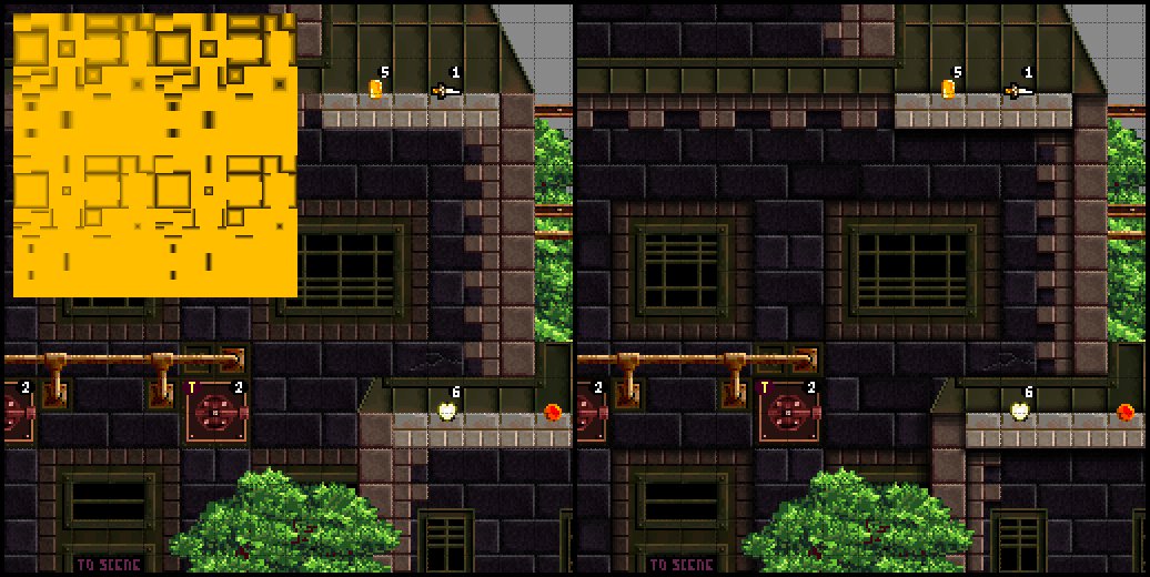 I never liked how flat my backgrounds looked in Rogue of Vallas, so I made a simple set of "shadows tiles". I'm a bit surprised by how much of a difference they made. Old scene on left, and new on right. #madeinstencyl #indiedev #leveldesign #pixelart #gamedev