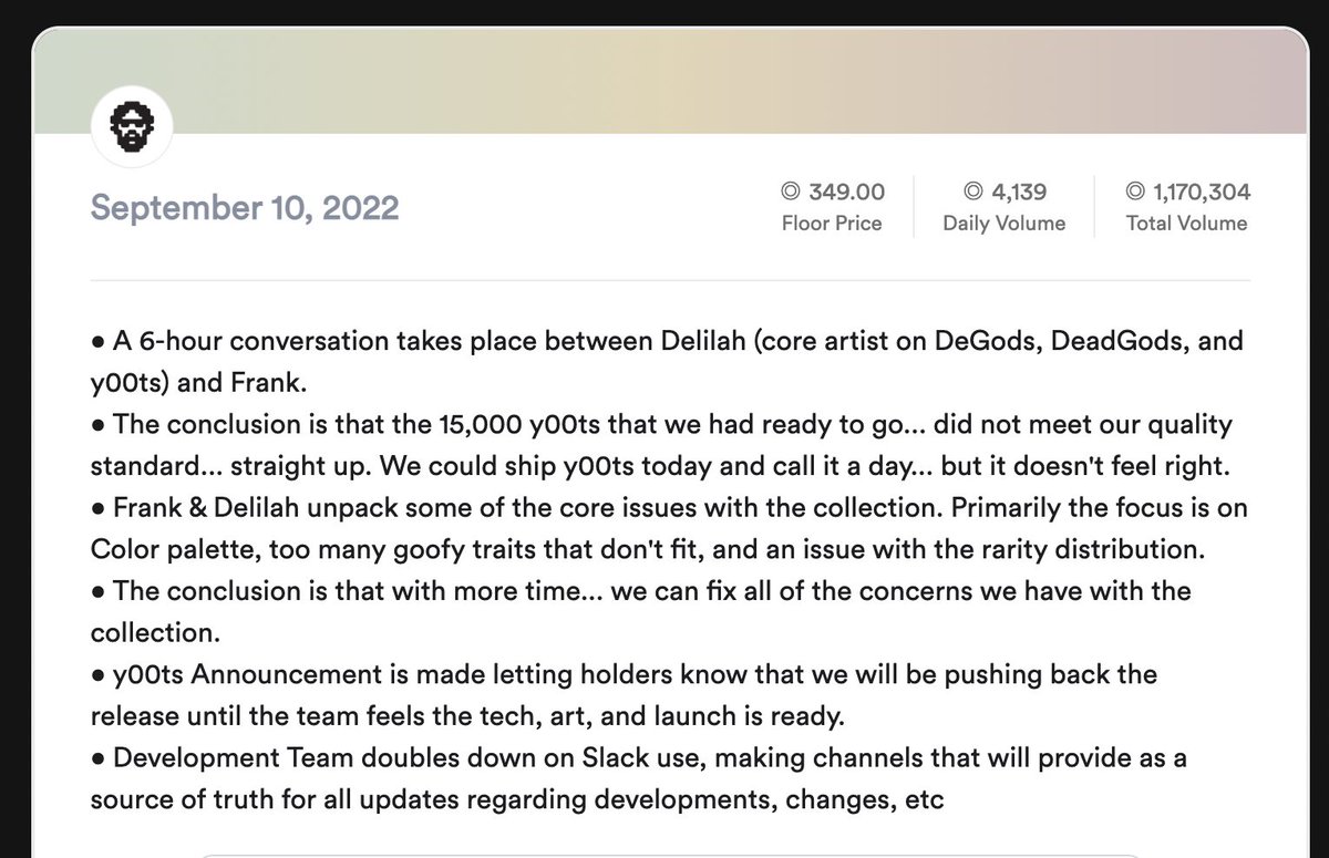 frankdegods's tweet photo. @JpegLikeChase @faxx_eth We had all 15K y00ts ready. But leading up to the reveal... we didn't feel proud of them.

We scrapped 60% of the traits/faces. One of the hardest decisions.

Based on progress since, I'm so glad that we did.

We're updating our progress daily here:

https://t.co/cndg3CFoLE https://t.co/r7jj5YOAjj