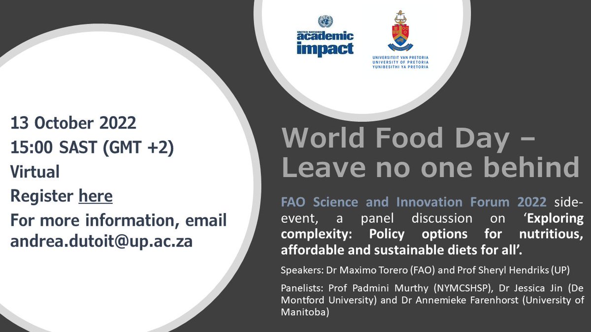 SherylHendriks's tweet photo. Join four UN Academic Impact Hubs tomorrow as we discuss "Policy options for nutritious, affordable and sustainable diets for all" in a virtual session in an FAO Science and Innovation Forum Side Event. Register: https://t.co/kDhJUNzaPA https://t.co/Ksuqbu9HVf