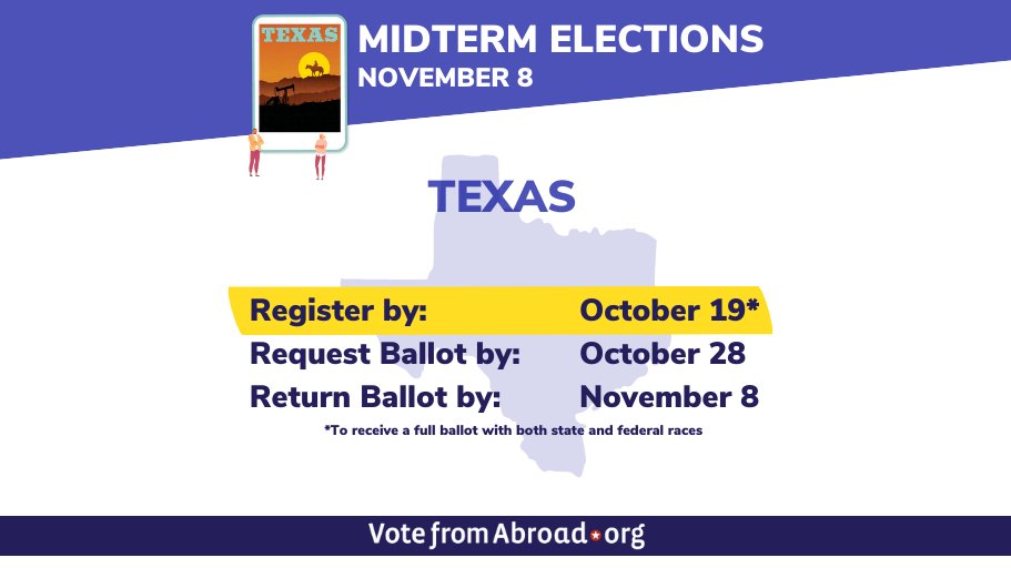vfaglobal's tweet photo. Yo! @TXabroad ! You've got a big election coming up and if you want your voice heard at state and federal level, you need to register by Oct 19th: https://t.co/esaHp6zE5j #texpats #texansabroad #Texasvoters #Texaselections https://t.co/SYJRSI3ER8
