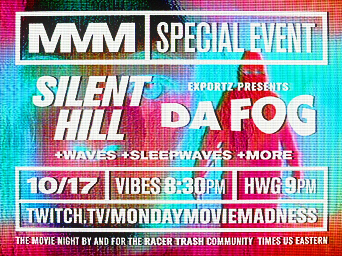 Cinema720Tweets's tweet image. MMM Double Feature on 10/17 -- 𝐒𝐢𝐥𝐞𝐧𝐭 𝐇𝐢𝐥𝐥 and @exportz_ presents 𝘿𝙖 𝙁𝙤𝙜 + more waves + sleepwaves 🌊📼🎨 starting at 8:30p edt 🕣 follow MMM on Twitch to get notified when the stream starts twitch.tv/MondayMovieMad…