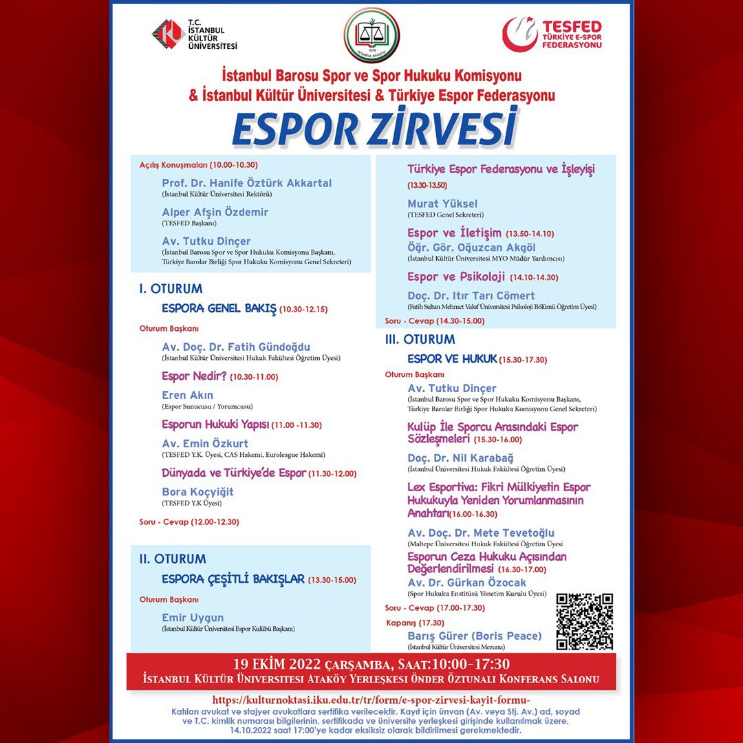istbarosu's tweet photo. İstanbul Barosu Spor ve Spor Hukuku Komisyonu, İstanbul Kültür Üniversitesi ve Türkiye E-Spor Federasyonu sunar: ESPOR ZİRVESİ etkinliği 19 Ekim Çarşamba günü 10.00-17.30 saatleri arasında İstanbul Kültür Üniversitesi Ataköy Yerleşkesi’nde! https://t.co/42XkDMcWHi