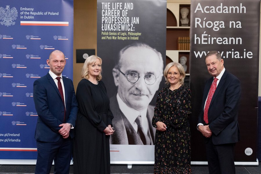 PLinIreland's tweet photo. Last night we launched a historical exhibition on Professor Jan Lukasiewicz, leading Polish philosopher/logician and post-war refugee to Ireland. The exhibition produced by @PLinIreland and hosted by @RIAdawson was officially opened by @eamonocuiv. Thank you to all involved https://t.co/apMss6vj4M