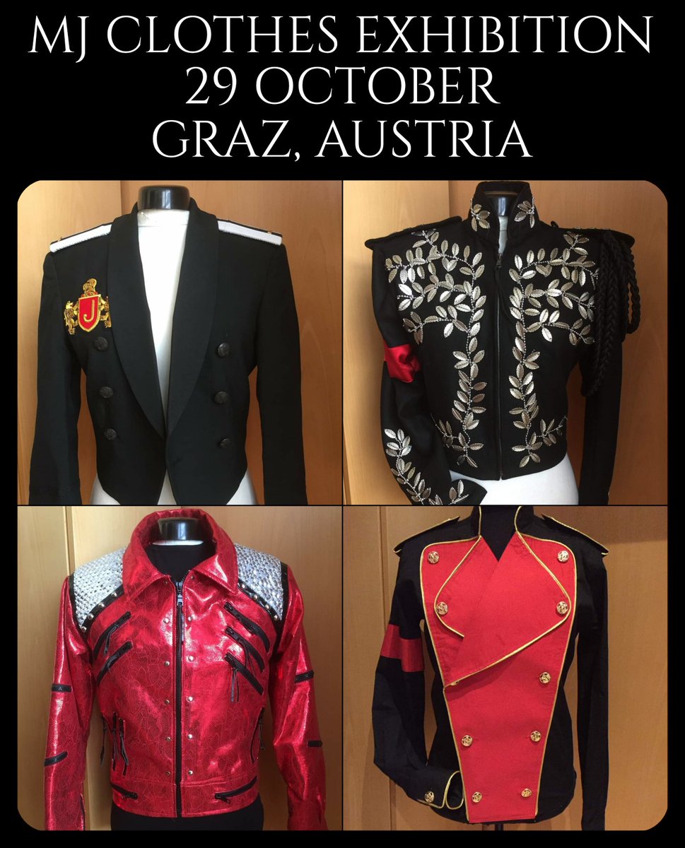 KingOfPopEvents's tweet photo. More than 2 weeks before the MJ Weekend in Graz, #Austria 🇦🇹

Organised by Peggy Wolf, a @michaeljackson Clothes exhibition will be displayed.
A unique moment, you will not see a complete exposition like this.

Tickets on https://t.co/QG9zkbL6vz

#michaeljackson #kingofpop #event https://t.co/4CDOksFFbZ