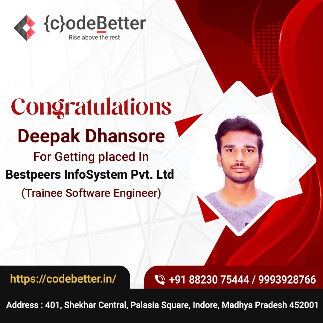 codebetterindia's tweet photo. Congratulations @ Deepak Dhansore for tracking your way towards success with #CodeBetter!

Contact us:+91 88230 75444
Visit Website:https://t.co/hdpAKMRxC6

#softwareDeveloper #softwareengineer #iOSDeveloper #iOSAppDeveloper #Jobseekers #OnJobTraining #iOSTraining https://t.co/BwoD5ScmwE