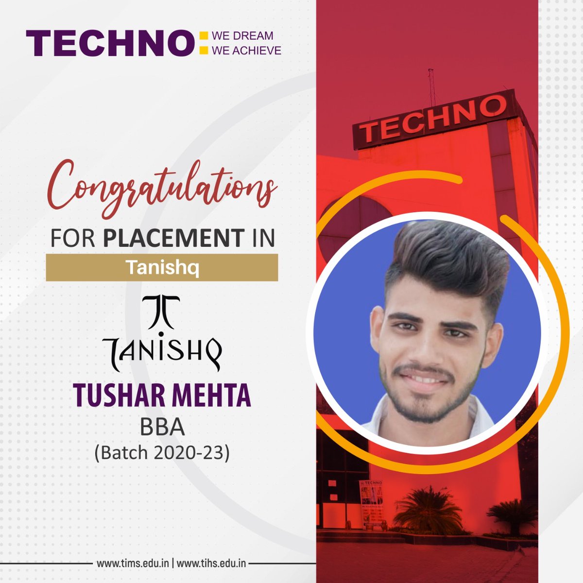 TECHNOGROUP2's tweet photo. We are incredibly thrilled and proud to announce that Suhani Srivatava (https://t.co/Ce94Lxzm47 (Hons)), and Tushar Mehta (BBA),  have successfully been placed in Tanishq. 
Congratulations on your success. Keep shining always 💐
Follow Us: https://t.co/h9ux8yJqTk
#Techno #college https://t.co/M6tQ2qWbh8