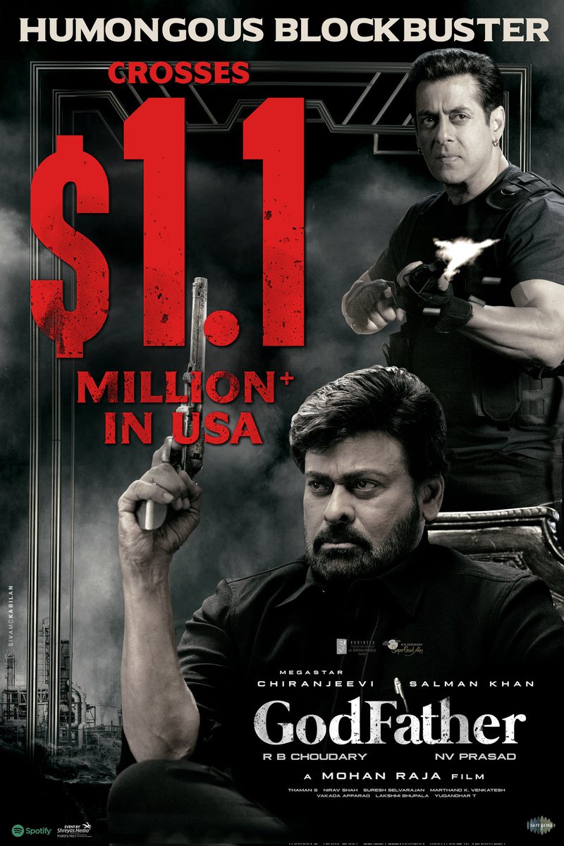 #GodFather has conquered the US Box Office 🔥 HUMONGOUS BLOCKBUSTER #GodFather grosses over $ 1.1MILLION in the USA ❤️‍🔥 Book your tickets now for the #BlockbusterGodfather 💥 Megastar @KChiruTweets @BeingSalmanKhan @jayam_mohanraja #Nayanthara @MusicThaman @ActorSatyaDev