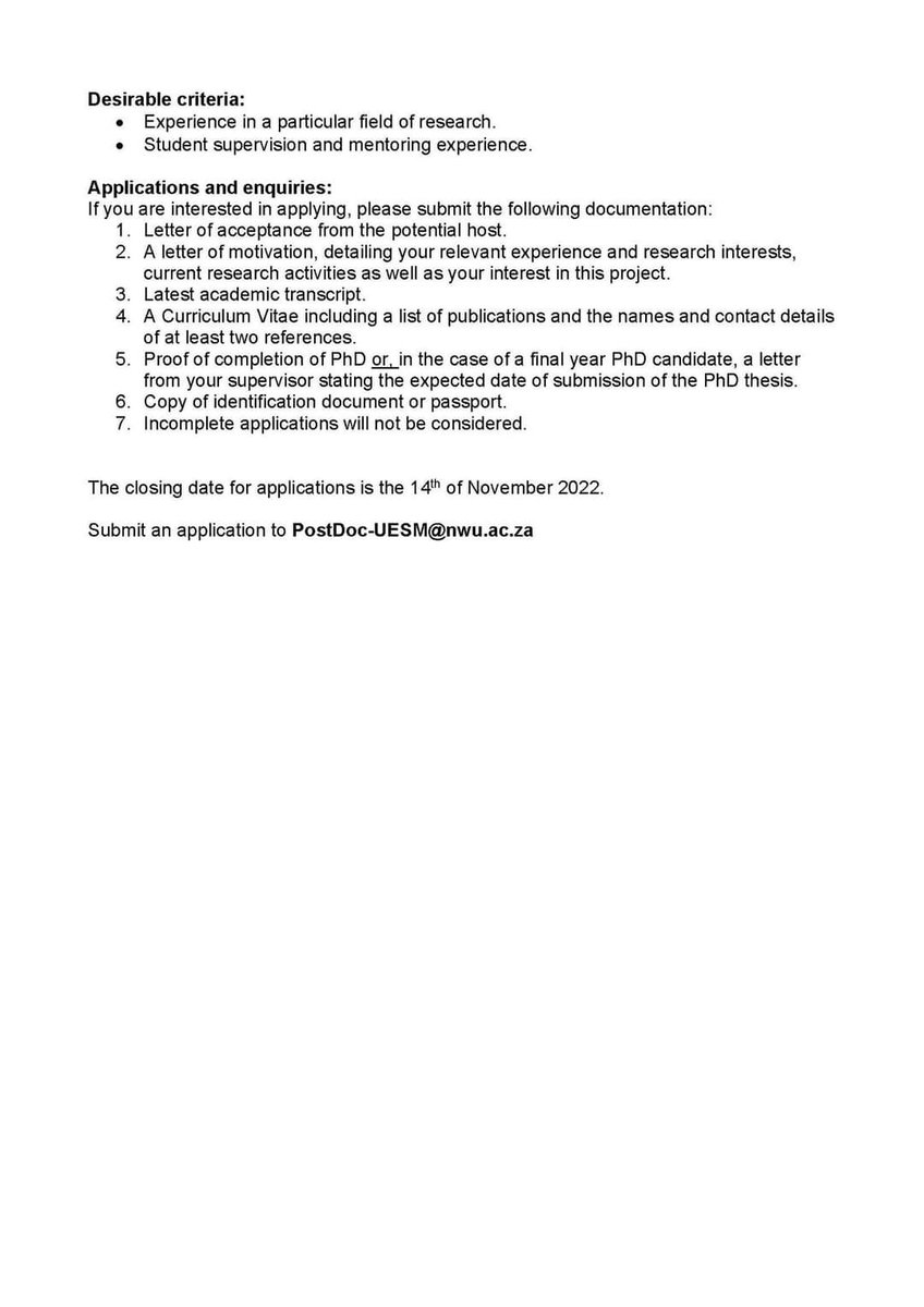 Post-doc positions open at NWU's unite for environmental sciences and management, which includes IPM. #NWU #IPM #postdoc