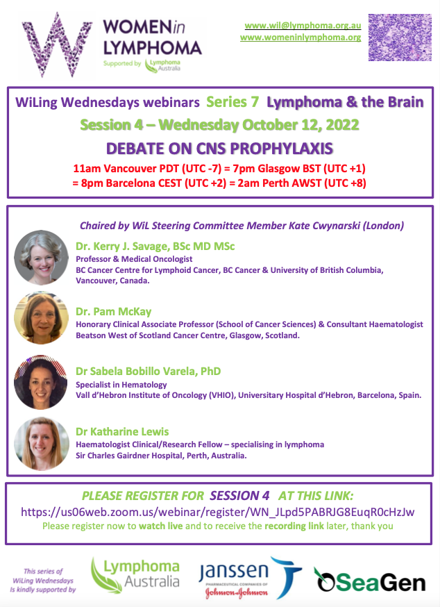 WomenInLymphoma's tweet photo. 💜💻🩺 Free #lymphoma webinar TODAY Wed 12 Oct 👉 Debate on #CNSProphylaxis with Kerry Savage 
@BCCancer @pammckay123 @sabobillo @Dr_KatLewis
Register here 👇
https://t.co/xdtbMbiaU0
💜With thanks to enabling supporter @lymphomaOz &amp; sponsors @JanssenANZ @SeagenGlobal #lymphoma https://t.co/go57J9PURl