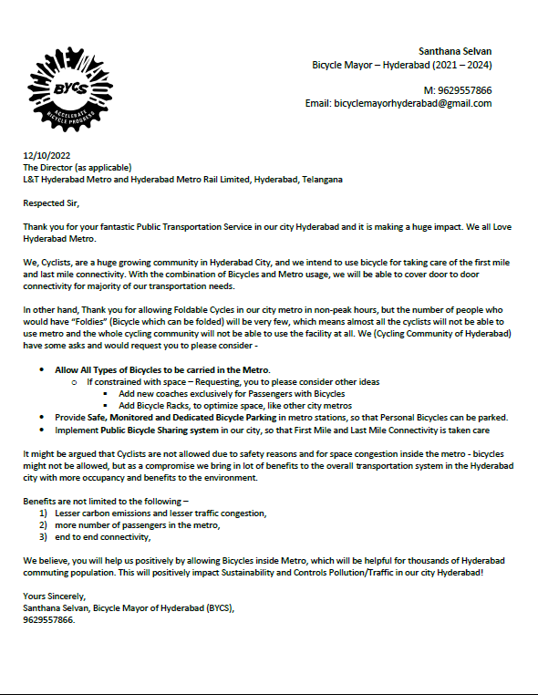sselvan's tweet image. Request Letter to @md_hmrl @ltmhyd @LTMetroRailHyd @HyderabadMetroR for improving #FirstMileAndLastMileConnectivity

While #BicycleLanes are being built, in order to complete the other quarter of pie of #ActiveMobility, , need help from #HyderabadMetro!

@KTRTRS @arvindkumar_ias