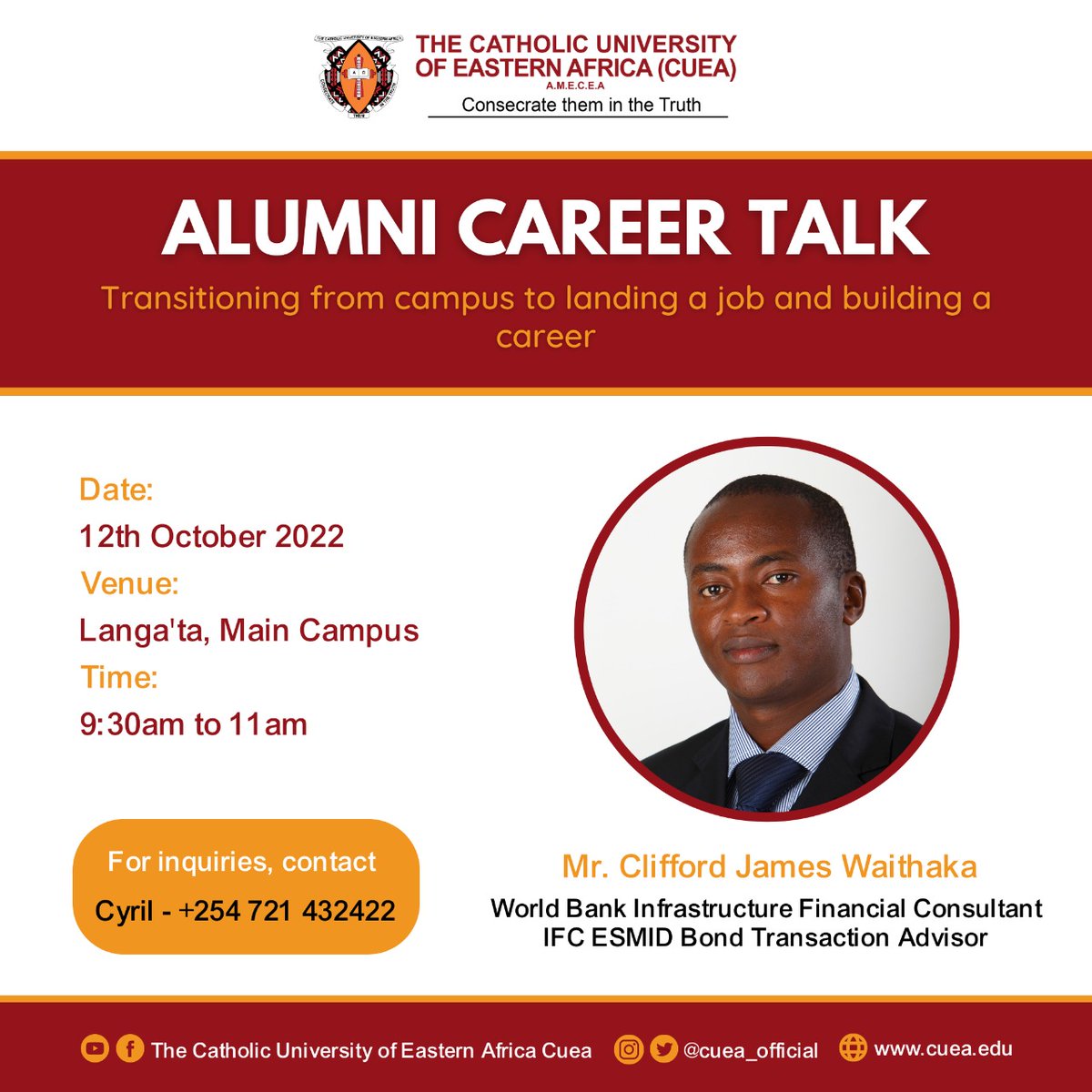 cuea_law's tweet photo. Alumni Career Talk at the Catholic University of Eastern Africa. Theme: Transitioning from campus to landing a job and building a career. https://t.co/FTkfslOlRl