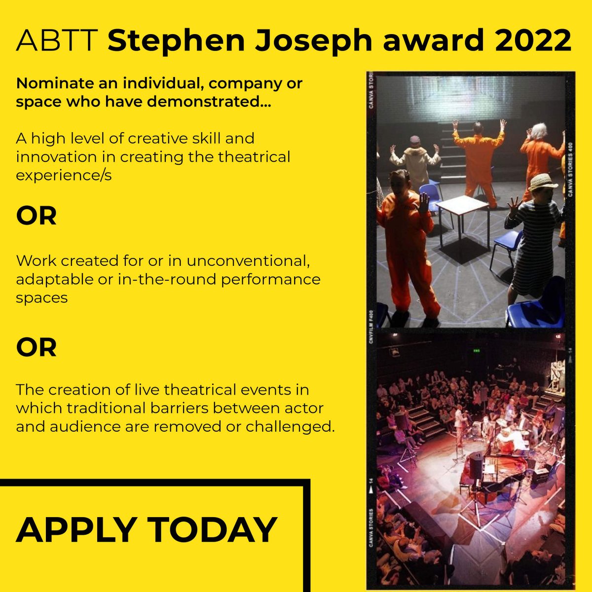 theabtt's tweet photo. CLOSES SUNDAY! Submissions are now open for the Stephen Joseph Award 2022.
This award was created to honour Stephenโs wide-ranging legacy, which still informs many aspects of our theatre practice.
Find out more and nominate here: https://t.co/7DTnEFt78b
#ABTT #StephenJoseph https://t.co/iPD8vj7hr9