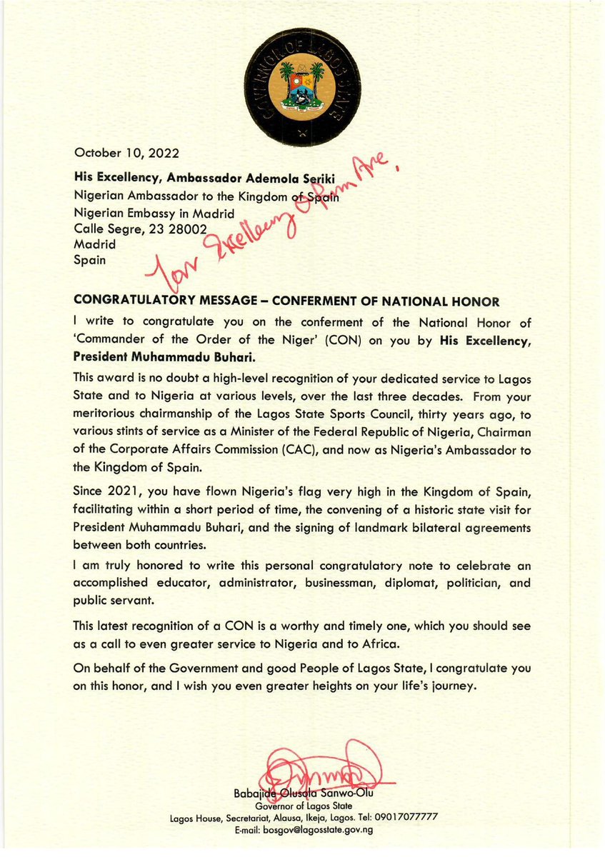 So elated and thrilled of the congratulatory and commendation letter by My Governor BOS on my investiture of National award as a CON by Mr. President.Thanks My Governor.This award is a call to be more dutiful and striving as a noble citizen and Lagosian. I thank you My Governor.