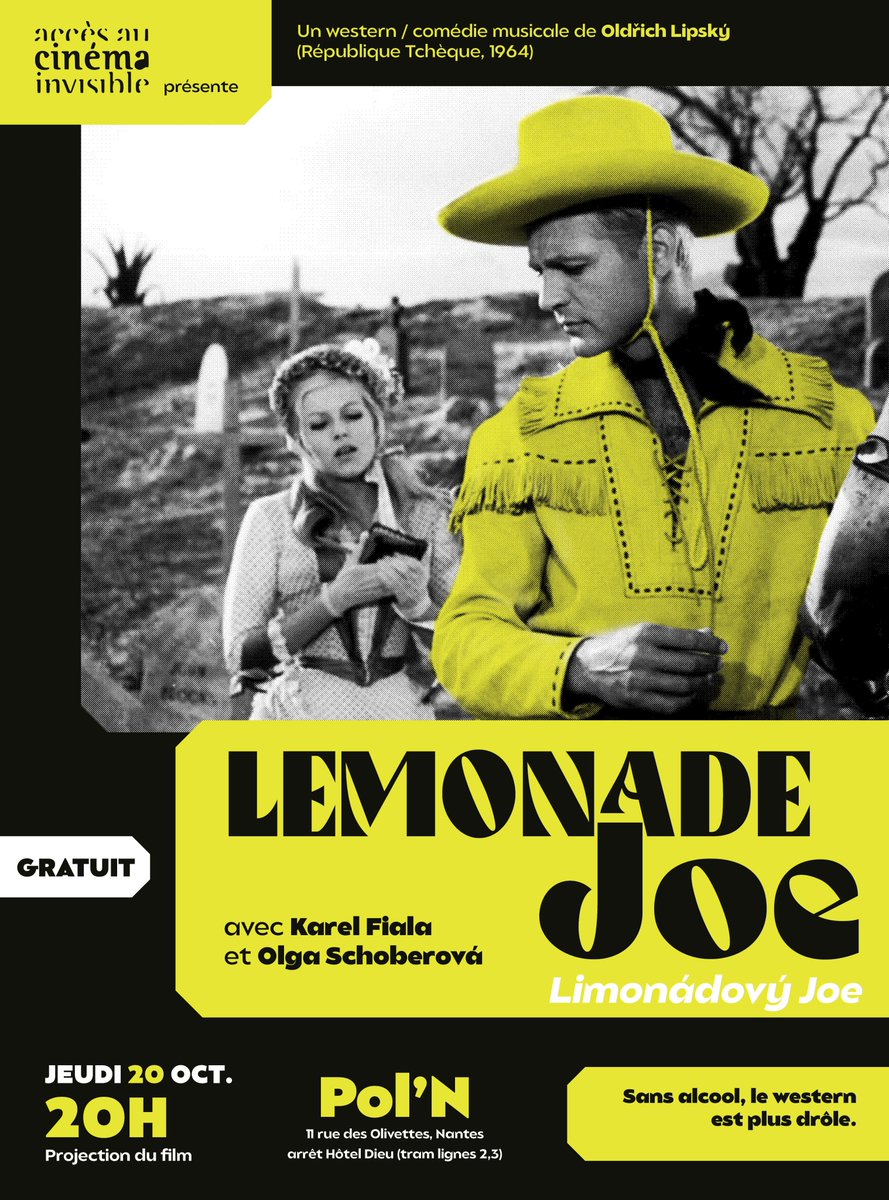 AlexThebaudeau's tweet photo. Jeudi 20 octobre à 20h à Pol'N, grand retour d' @AccCinInvisible avec la séance, gratuite, ouverte à tous et en vostfr de Lemonade Joe, un western - comédie musicale tchèque de 1964 et une perle de l'humour absurde et parodique ! https://t.co/b3t88AqoBM