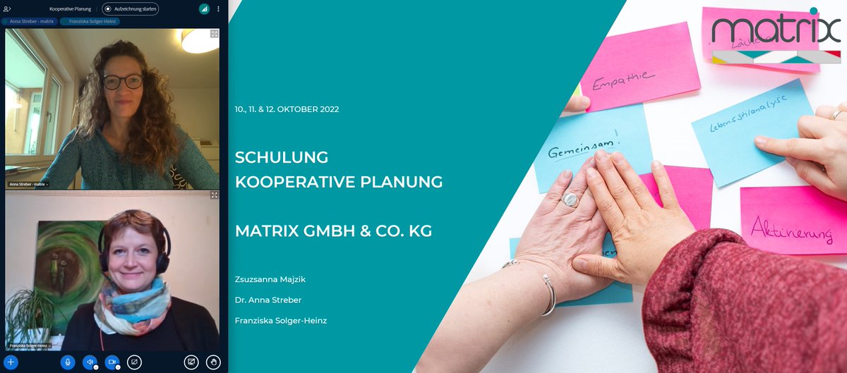 matrixgmbhDE's tweet photo. Wie sieht eine #partizipative, prozessorientierte Projektplanungsmethode aus? @streber_anna, @MajzikZsuzsanna & Franziska Solger-Heinz aus dem Team #Gesundheit & #Inklusion der matrix, zeigen Teilnehmenden der Schulungsreihe von @aktion_mensch in den nächsten Tagen, wie es geht. https://t.co/2fvPlt0i06