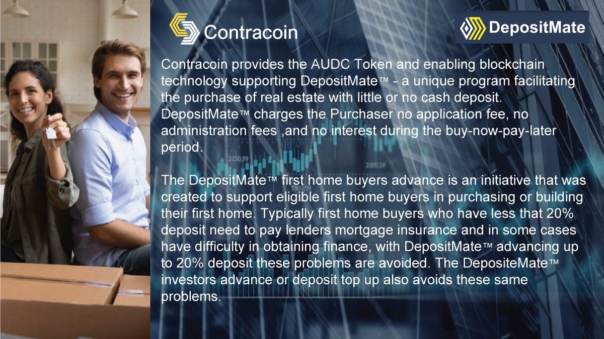 ContracoinCTCN's tweet photo. DepositMate, helping first homeowners purchase or build their first home.
#Contracoin #firsthomebuyers #DepositMate https://t.co/pI7iYhqeQG
