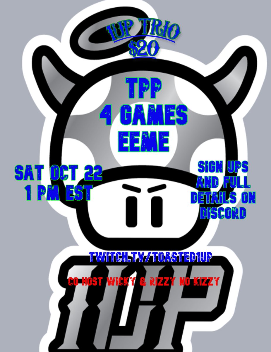 1up TRIO Hosted by the 1up Crew OCT 22 1PM EST
Co Host Wicky &amp; RizzyNoKizzy
3 man roster 1 sub (clan tags dont matter)
4 games EEME
32 teams 
$20 a team
1st place -- 400
2nd place-- 200
3rd place-- 40
More Details in the Discord Below 
discord.gg/xCdK5nJs