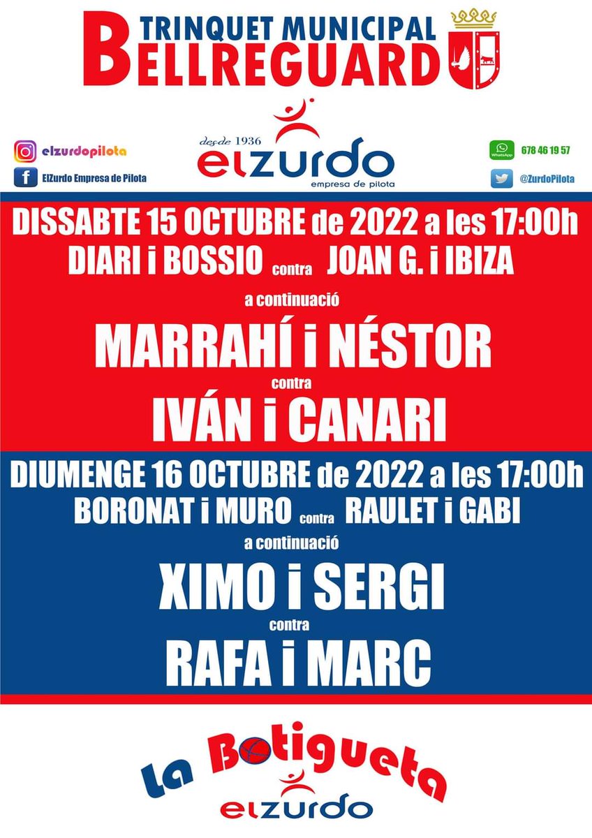 🗣PROGRAMACIÓ SETMANAL AL @ZURDOPILOTA     
📍DIMECRES DE VESPRADA EL MILLOR RASPALL A CASTELLÓ DE RUGAT🏟
📍DISSABTE DE VESPRADA  EL MILLOR RASPALL A BELLREGUARD🏟
📍DIUMENGE DE VESPRADA EL MILLOR RASPALL A BELLREGUARD🏟
#pilotamola #pilotavalenciana
#raspalltop #tardeoselzurdo