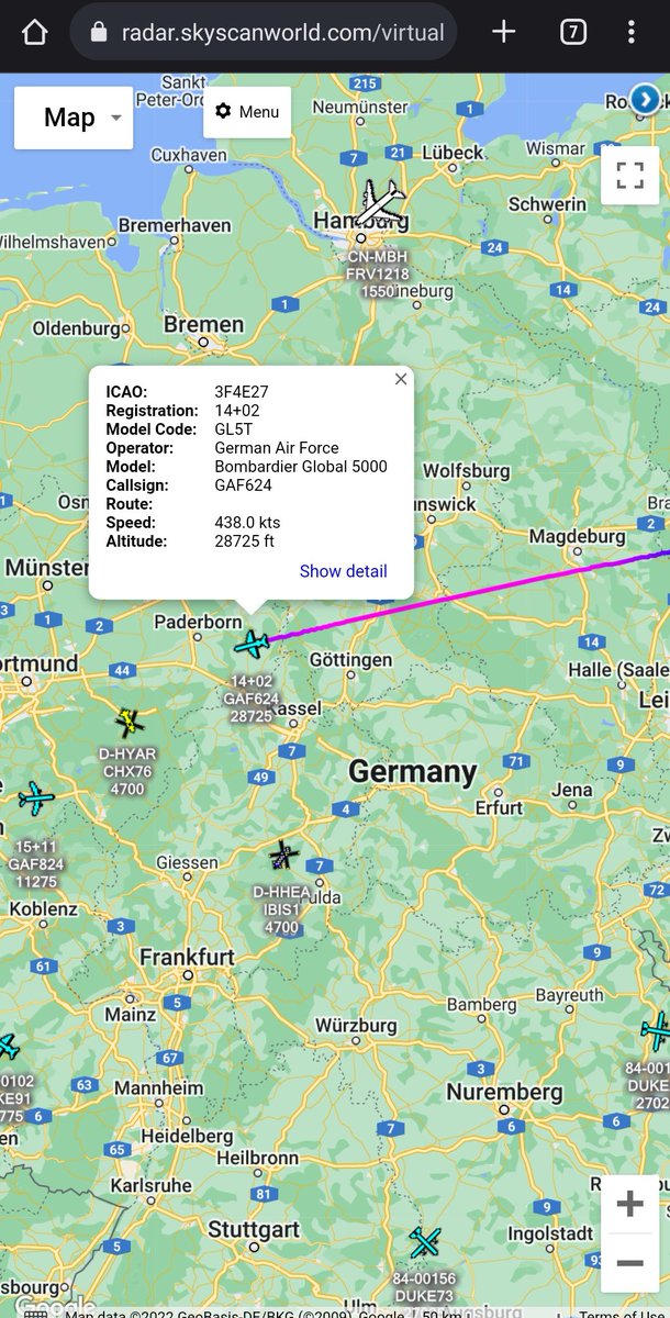 scan_sky's tweet photo. German Air Force 🇩🇪 - Global 5000 - 14+02 - #GAF624

Departed From Berlin Brandenburg Airport 🇩🇪 &amp; Believed To Be Routing To Brussels Airport 🇧🇪

Likely To Be The Federal Minister Of Defence Of Germany Christine Lambrecht, Heading To The NATO Defence Ministers Summit. https://t.co/0ksZXF5JhR