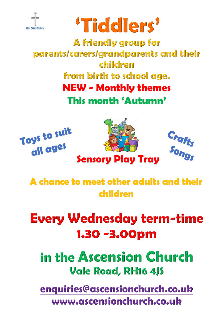 Bring your 0-school age child/children to Tiddlers to enjoy some fun toys &amp; messy play, and meet others at the Ascension Church 1.30-3.00pm Wednesdays in term time.

This week's theme is Autumn

#HaywardsHeath #babies #toddlers