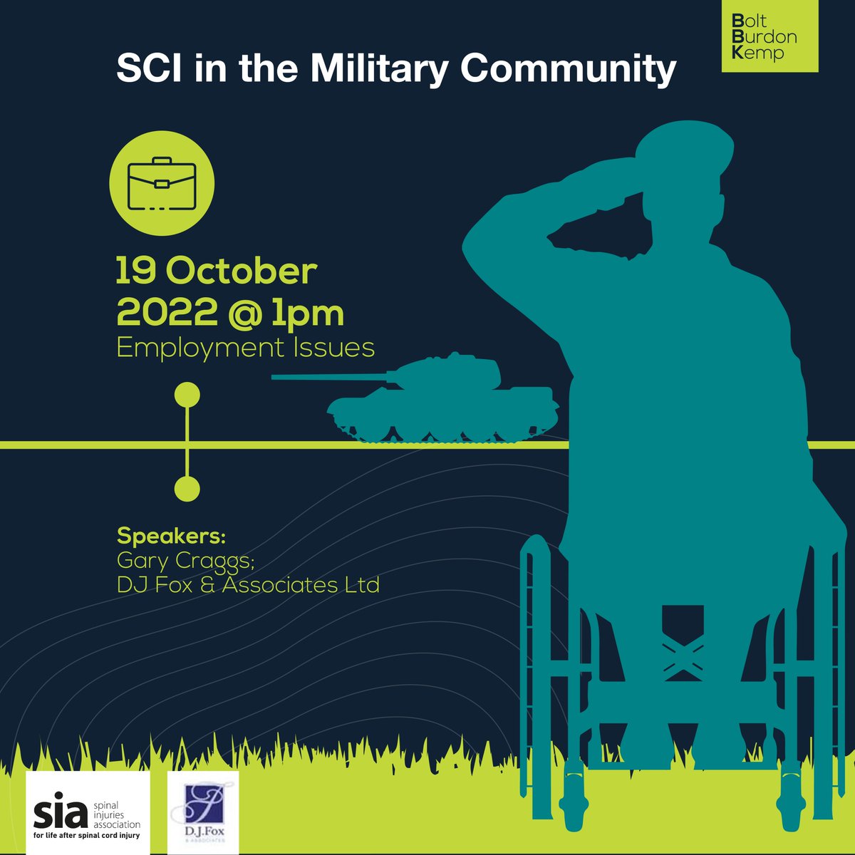 Join us for our 3rd webinar in the  #SCIinthemilitary series next Weds 19th October @1pm where we will be discussing #employment for those who suffer #spinalcordinjury in the  #military. Email webinars@boltburdonkemp.co.uk to <a href="/spinalinjuries/">Spinal Injuries Association</a>
<a href="/DNRCOfficial/">DNRC</a> <a href="/RBLI/">RBLI</a> <a href="/dms_dmrc/">DMRC-Stanford Hall</a>