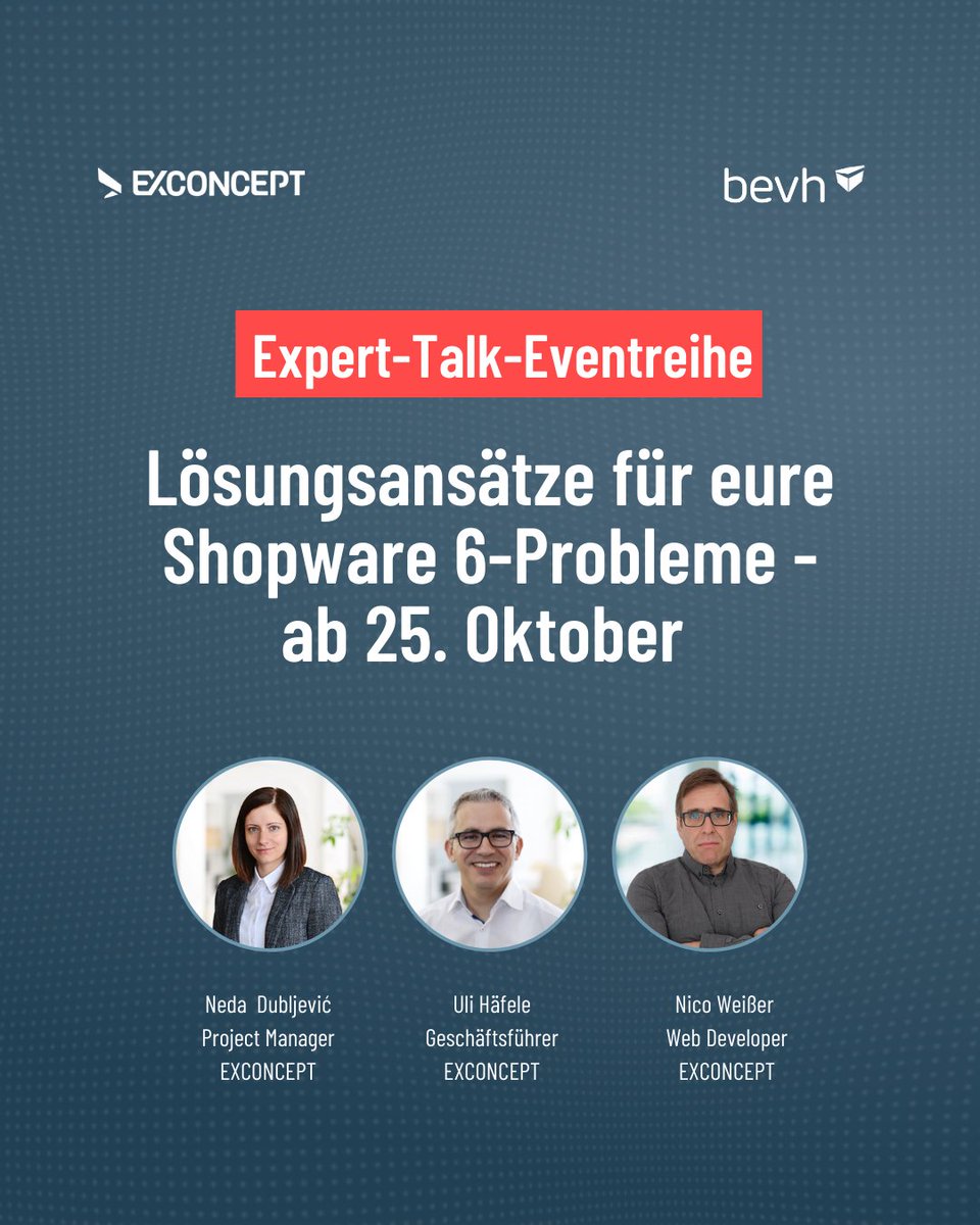 Mitglieder des <a href="/bevh_org/">bevh-Redaktion</a> aufgepasst: Am 25. Oktober könnt ihr beim Auftakt unseres Expert Talks mit dem bevh eure Fragen zu #Shopware 6 loswerden!  

Meldet euch einfach via Mail an events@bevh.org an.  

#bevh #EXCONCEPT #event #shopware6 #shoprelaunch #ecommerce
