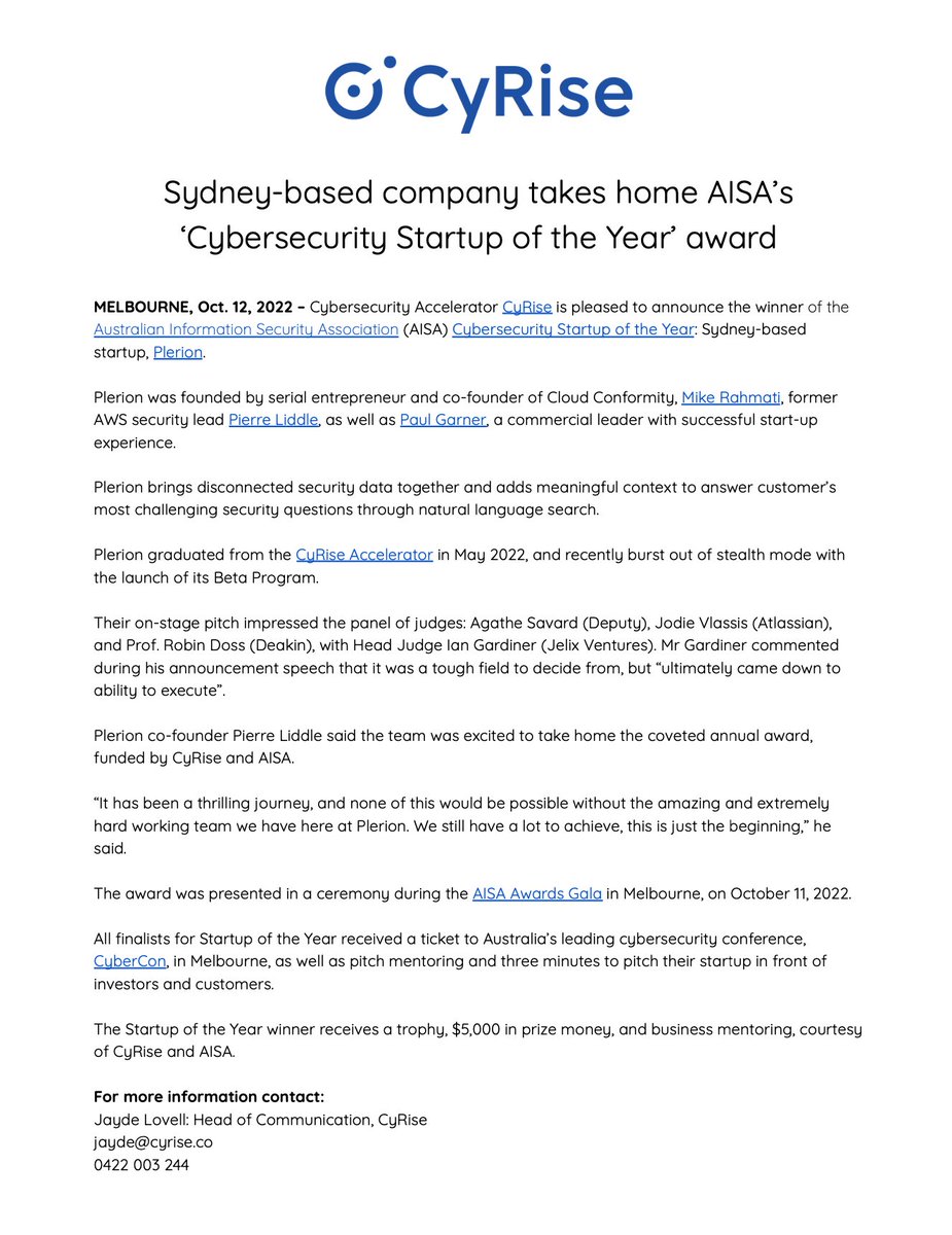cyriseco's tweet photo. It's official: @PlerionHQ has become Australia's 2022 AISA 'Startup of the Year'! 
Read the official news release, and why the judges ultimately chose Plerion. One to watch! 
@PierreLiddle @Innov_Aus @_BrandonHow @888riley @JournoStef @carawaters https://t.co/KDWDkxIgxJ
