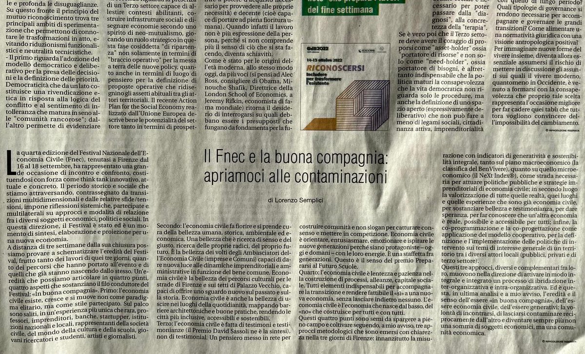 NeXteconomia's tweet photo. La #bellezza come buona pratica quotidiana e frutto dei processi generativi, per uno #sviluppo davvero inclusivo e #sostenibile: il nostro articolo sull’eredità del @fnecfestival pubblicato su @Avvenire_Nei #FNEC22 https://t.co/JUJd74A6Rr
