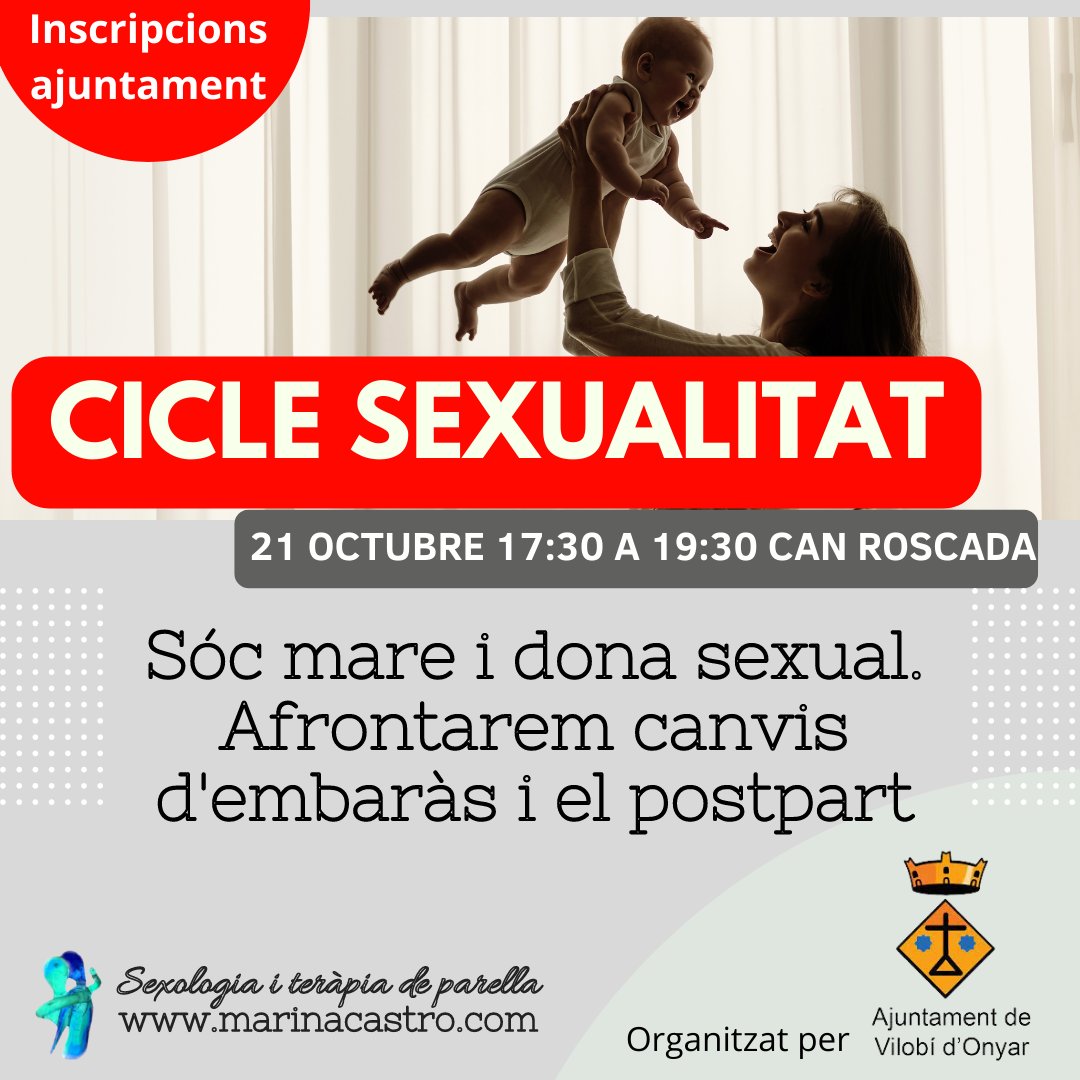 MarinaCastroPsi's tweet photo. 2ona sessió del cicle sex a Vilobí. Sóc mare i dona sexual. Afrontarem els canvi del embaràs i el postpart i una mica més enllà. Places limitades, inscripcions gratuïtes al ajuntament @ajvilobidonyar https://t.co/ofWJNt4sW0
#ciclesex #embaras #postpart #lactancia #maternitat https://t.co/HpfIqDXdJQ