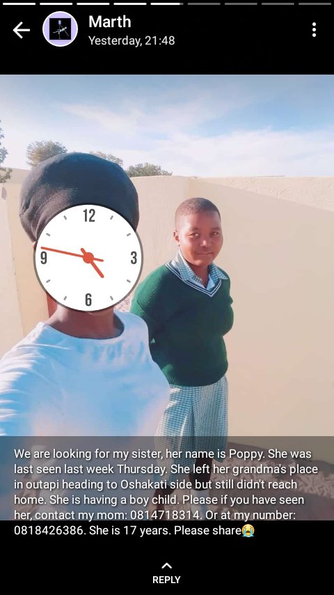 Lucyk21231713's tweet photo. Please retweet 🙏 he us to find our sister Hileni Popyeni Nangolo ... schooling at Anamuleng Combined school in Outapi....... last seen was on Thursday till today..... she went with her child a baby boy....we called her baby daddy but he said he didn't see her........ https://t.co/Qz4p7yOSXO