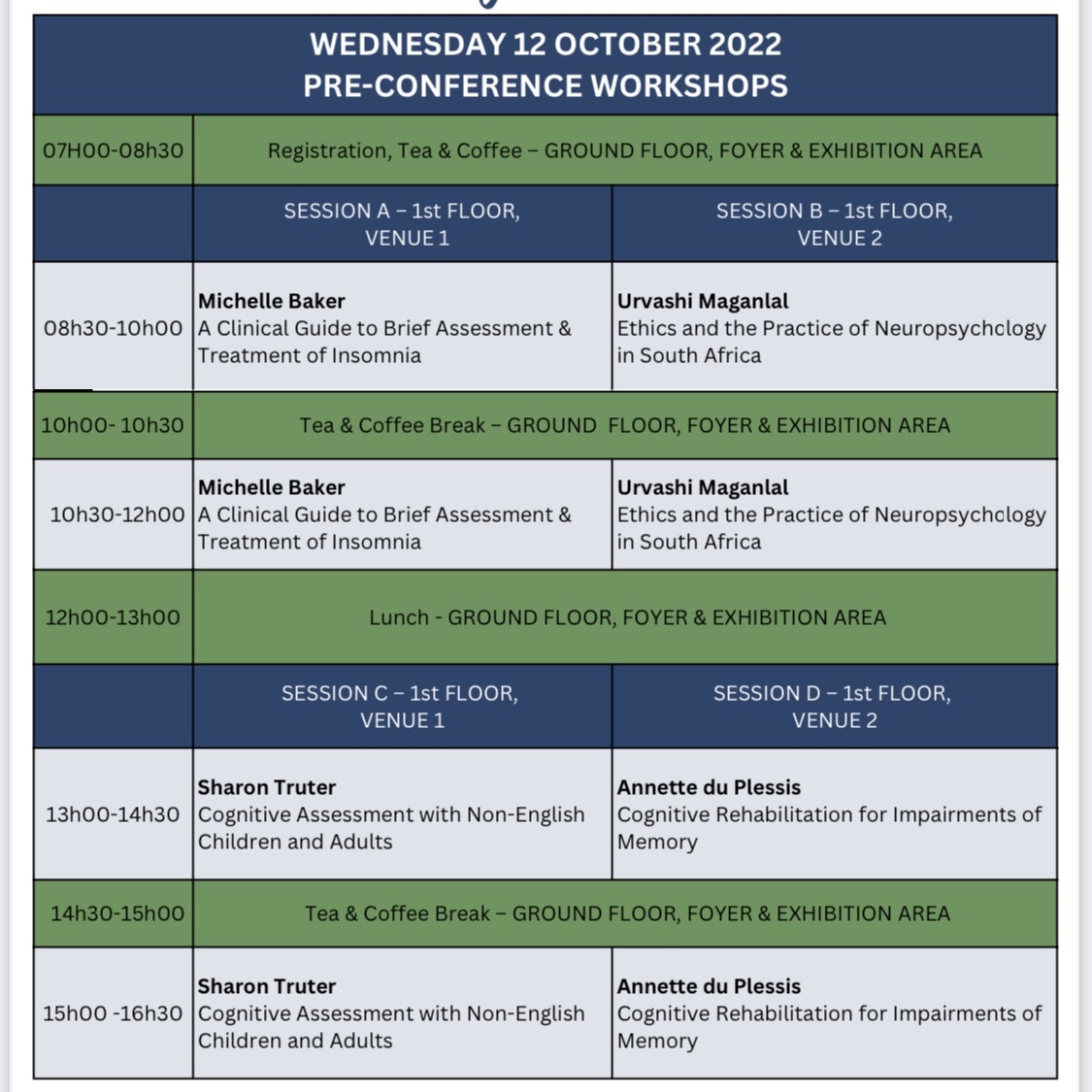 SaSacna's tweet photo. 12 October 2022 Pre-Conference Workshops
#SACNA2022 #SACNAConference2022 #neuropsychology #CapeTown #clinicalpsychology #educationalpsychology #forensicpsychology #counsellingpsychology #backtoconferencing https://t.co/gMkWCV26qH