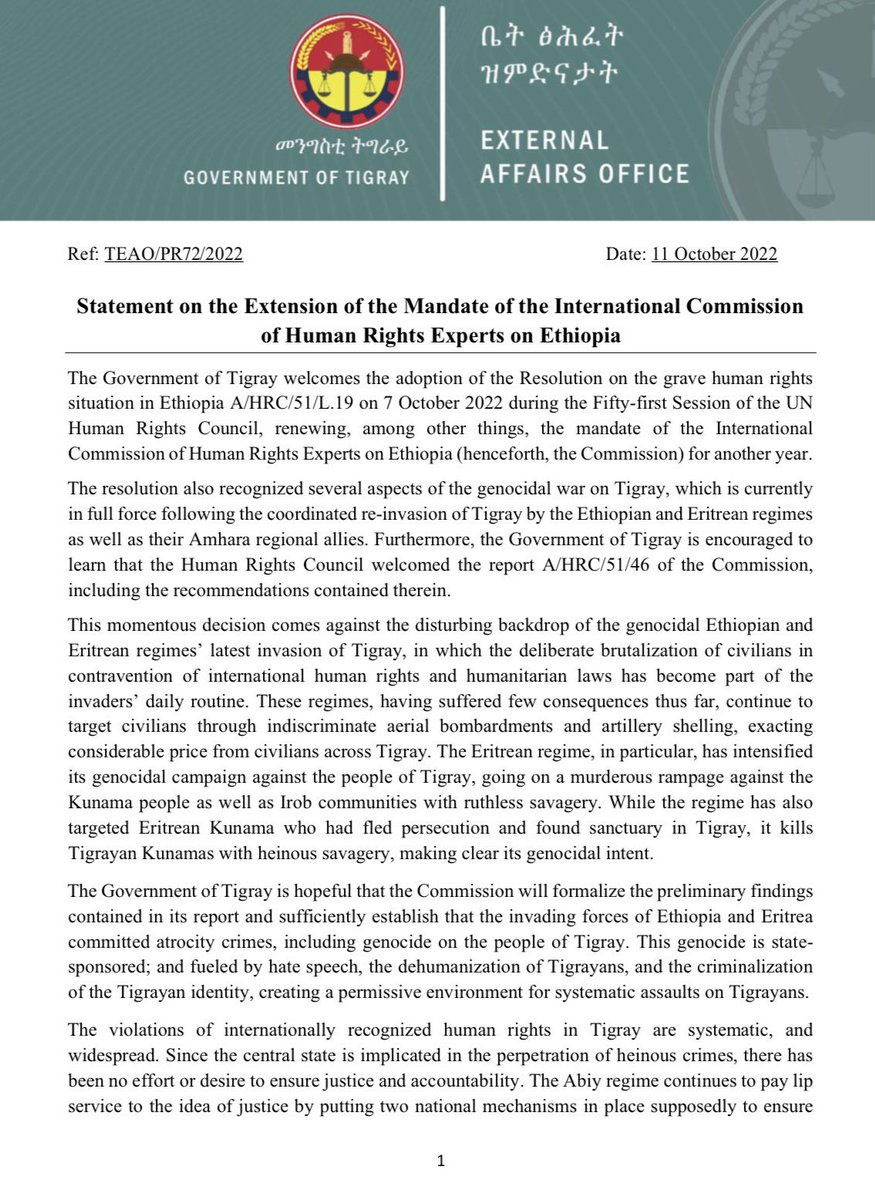 KassaHMariam's tweet photo. Government of Tigray External Affairs Statement on the Extension of the Mandate of the International Commission of Human Rights Experts on Ethiopia @UNHumanRights @JosepBorrellF @SenatorMenendez @SecBlinken @antonioguterres @SenatorRisch @USAmbUN @RepGregoryMeeks @JakeSullivan46 https://t.co/yXDyHATTZy