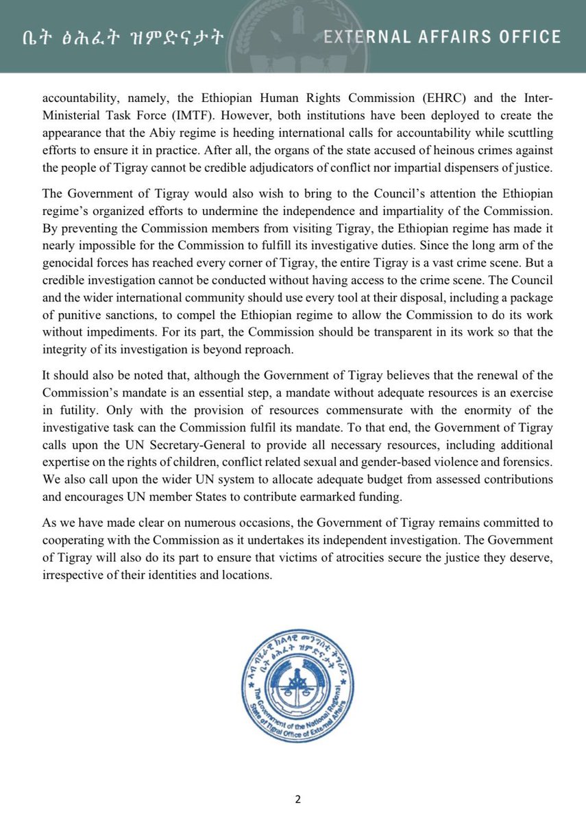 KassaHMariam's tweet photo. Government of Tigray External Affairs Statement on the Extension of the Mandate of the International Commission of Human Rights Experts on Ethiopia @UNHumanRights @JosepBorrellF @SenatorMenendez @SecBlinken @antonioguterres @SenatorRisch @USAmbUN @RepGregoryMeeks @JakeSullivan46 https://t.co/yXDyHATTZy