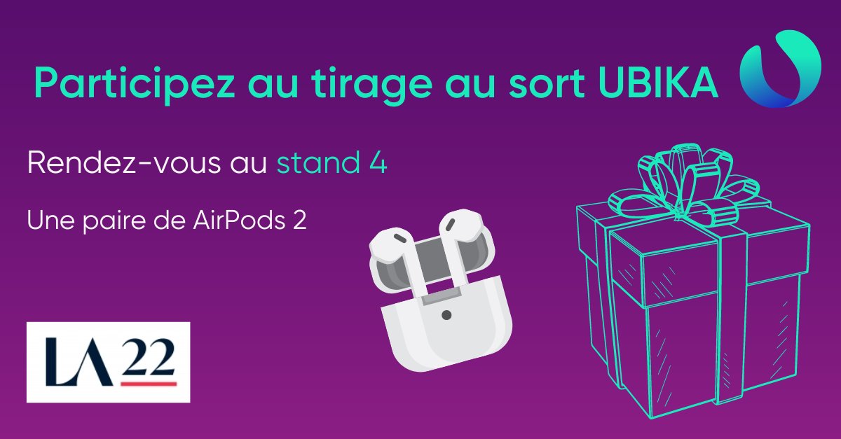 J-1 UBIKA est présent à @les_assises : Venez nous voir au stand 4 et participez à notre TIRAGE AU SORT 🎲 pour gagner des Airpods 2 le vendredi 14 octobre à 11h30 ! #LA22
