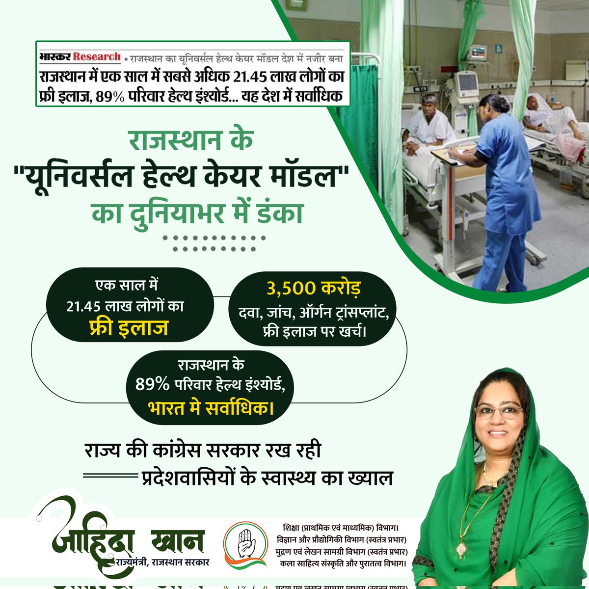 राजस्थान के "यूनिवर्सल हेल्थ केयर मॉडल" का दुनियाभर में डंका,राज्य की कांग्रेस सरकार रख रही प्रदेशवासियों के स्वास्थ्य का ख्याल।