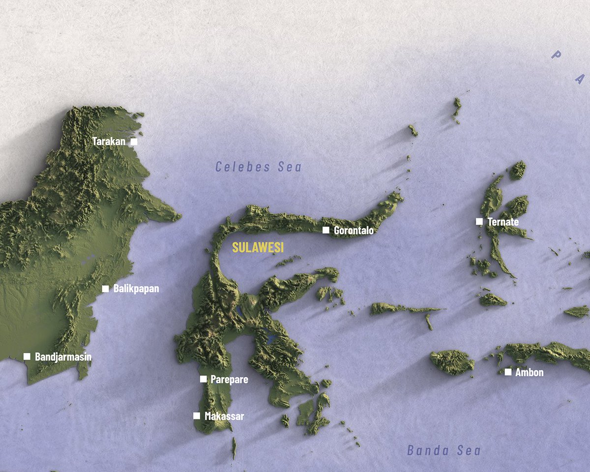 Exaggerated topographic map of Indonesia. Doing islands separately will do it much more justice.  #mapping #cartography #mapdesign #Indonesia