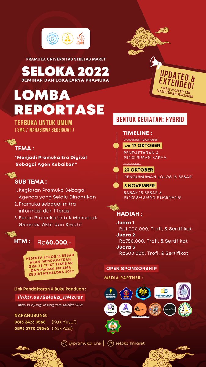 Pramuka_UNS's tweet photo. ⚜️LOMBA REPORTASE⚜️
Tema: Menjadi Pramuka Era Digital sebagai Agen Kebaikan
Pendaftaran : s/d 17 Oktober
Pengumpulan karya : s/d 23 Oktober
👥 : SMA/Mahasiswa Sederajat (UMUM)
💵 : 60k/ karya
#lombareportase #lombamenulis #lombavideo #reportase #lombapramuka #lombamahasiswa https://t.co/KdcAafF1LW