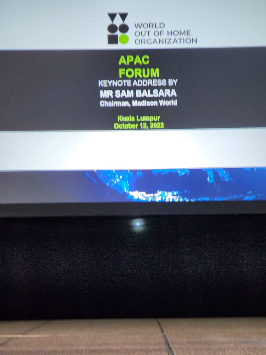 MadisonWorldIND's tweet photo. Live now our Chairman Mr. Sam Balsara (@Sam_Balsara) delivers the Key Note Address at World Out of Home Congress in Kuala Lumpur.
@worldoohorg
#humansofmadisonworld #sambalsara #worldoutofhomecongress #worldoutofhomeorganization #kualalumpur #oohadvertising #oohmedia https://t.co/NaaFcNwjyz