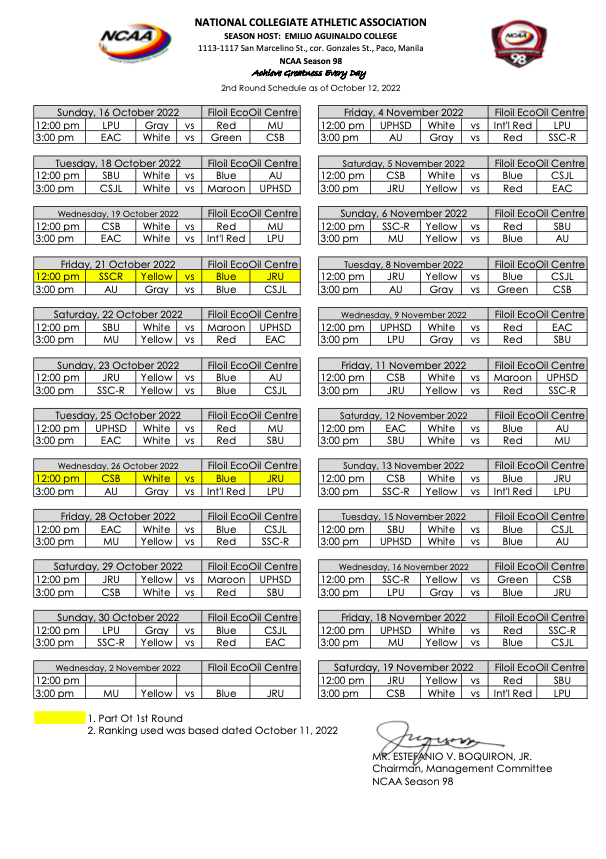 #NCAASeason98 | Updated men's basketball schedule (As of Oct. 12, 2022) Visit gmanetwork.com/ncaa for other updates.