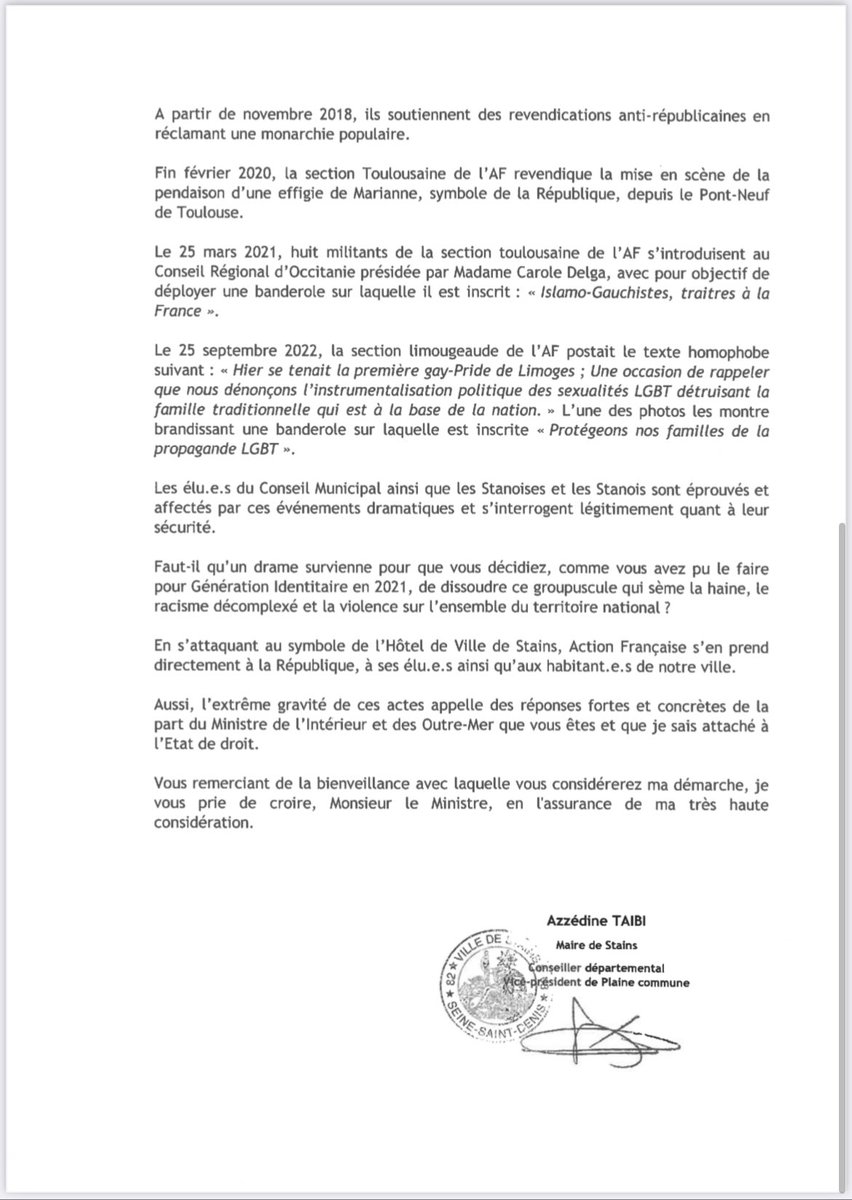 L’impunité de la haine raciste doit cesser ! Face à l’intrusion violente du groupuscule fasciste d’extrême-droite « Action Française » dans l’Hôtel de Ville de #Stains, j’interpelle le Ministre de l’Intérieur <a href="/GDarmanin/">Gérald DARMANIN</a> pour exiger la dissolution de « Action Française ».