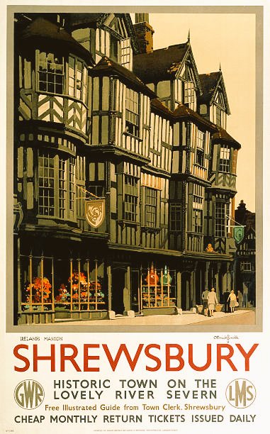 A #Railway #Poster produced by #GWR & #LMS promoting #Rail Travel to the historic and Picturesque #Shropshire/Market town of #Shrewsbury from 1939.... 🖼️🎨🖌️#ClaudeBuckle.... #Salop #RailSalop #RiverSevern #RailwayPosters @RailwayCentral