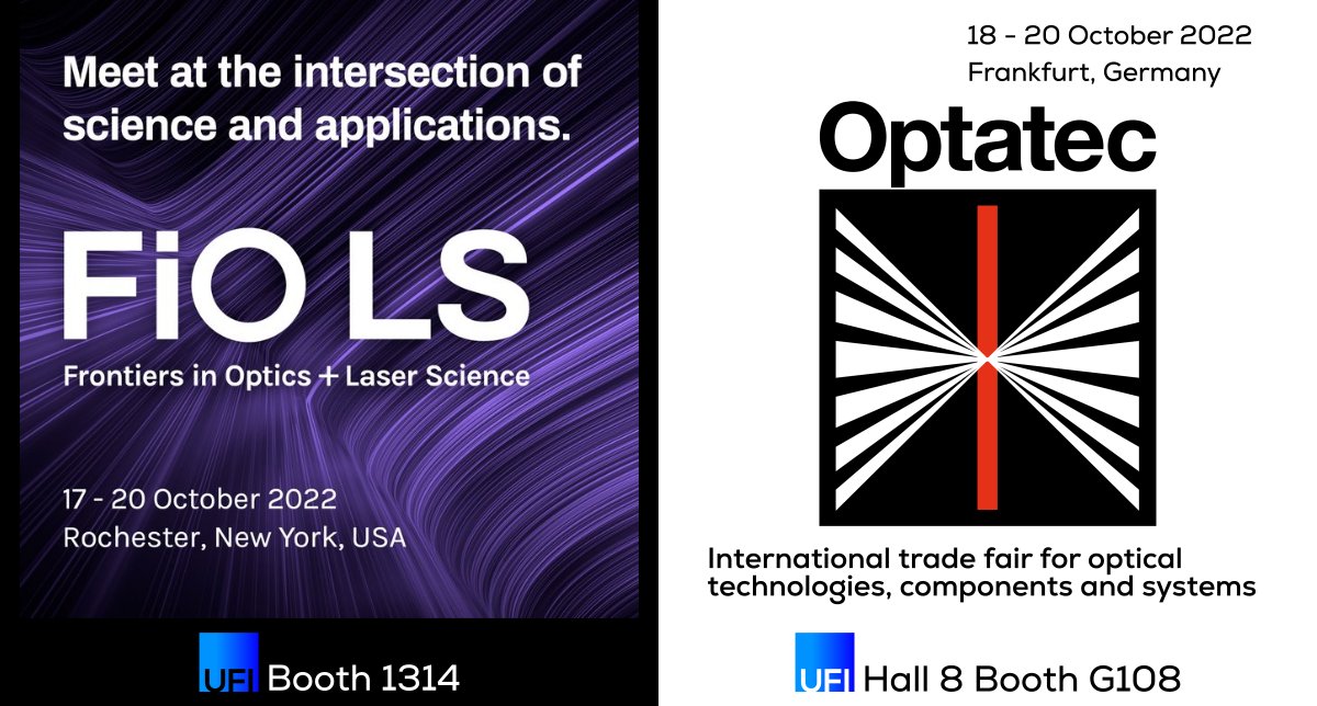 UltraFast_UFI's tweet photo. Let's meet! Next week we'll be in:
Rochester, Oct 18-19: @OpticaWorldwide Frontiers in Optics + Laser Science #FiO22 conference. Booth 1314.
Frankfurt, Oct 18-20: @Optatec_Messe, the trade fair for optical technologies, components and systems. Hall 8 Booth G108.
#Optica #Optatec https://t.co/BmZdrBY5wW